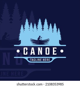 canoe or kayak at river forest logo vintage vector illustration template icon graphic design. kayaking and rowing pines tree sign or symbol for adventure sport