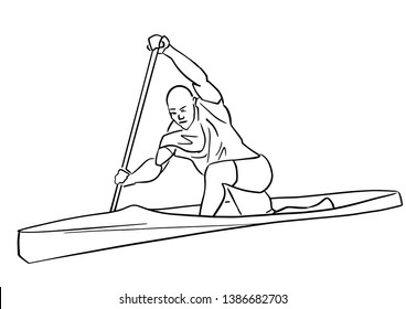 Canoe or kayak rowing. Single male rower with paddle. Abstract isolated contour of paddler. Hand drawn outlines. Black line drawing. Canoeing illustration. Vector silhouette.