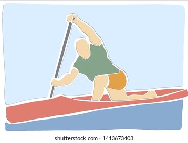 Canoe or kayak rowing. Single male rower with paddle. Applique or paper cut style. Colorful vector illustration.