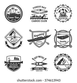 Canoe and kayak sport clubs equipment black emblems and river rafting  labels collection abstract isolated vector illustration 