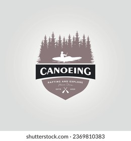 canoe logo emblem with a man, kayak logo badge illustration design on lake and forest