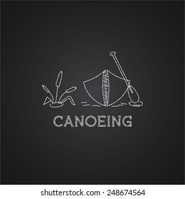 Canoe logo and icon. Chalk drawing design on black background. Can be used as banner, poster, logo etc. Unusual style. Outdoor and recreation theme. Vector illustration