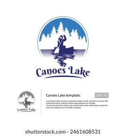 Canoe logo illustration with lakeside trees as a Background and boating people elements, creative logo design template