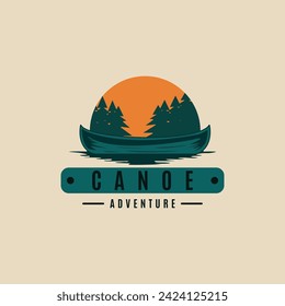 canoe logo vintage symbol illustration design, kayaking logo sunset and pine tree vector illustration design graphic template