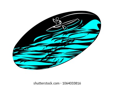 Canoe logo with waves, icon with black background, illustration vector
