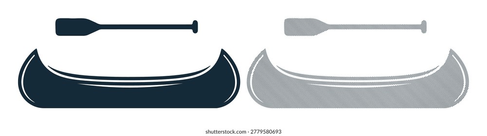 Canoe and paddle vector illustration; two variations of the boat, one black and one gray striped.