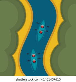 Canoe rowers isometric top view. Rowers floating in a boat on the river vector illustration