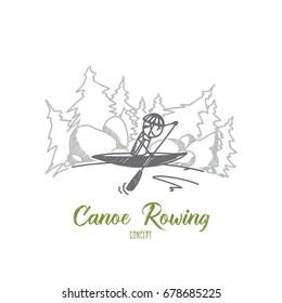 Canoe rowing concept. Hand drawn male athlete in a canoe rowing across lake. Sportsman in canoe isolated vector illustration.