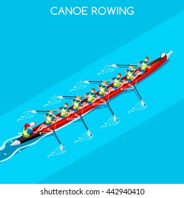 Canoe Rowing Coxswain Eight Sportsman Games Icon Set. 3D Isometric Canoeist Paddler. Rowing Canoe Coxswain Eight Sporting Competition Race. Sport Infographic Canoe Rowing events Vector People