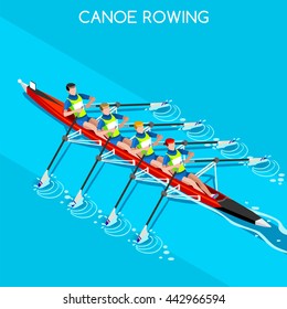 Canoe Rowing Quadruple Sculls Sportsman Games Icon Set. 3D Isometric Canoeist Paddler. Teamwork Rowing Canoe Quadruple Sculls Sporting Competition Race. Sport Infographic Canoe events Vector People