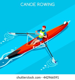 Canoe Rowing Single Sportsman Games Icon Set. 3D Isometric Canoeist Paddler. Rowing Canoe Single Paddler Sporting Competition Race. Sport Infographic Canoe Rowing events Vector People