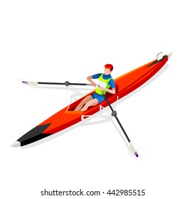 Canoe Rowing Single Sportsman Games Icon Set. 3D Isometric Canoeist Paddler. Rowing Canoe Single Paddler Sporting Competition Race. Sport Infographic Canoe Rowing events Vector Illustration.