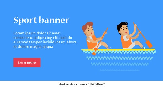 Canoe rowing, sports banner. Two man in sports uniform rowing in canoe on river. Vector background for web, print and other projects. Summer olympic games background.