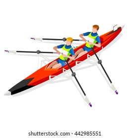 Canoe Rowing Team Sportsman Games Icon Set. 3D Isometric Canoeist Paddler. Sprint Rowing Canoe Sporting Competition Race. Sport Infographic Canoe Sprint events Vector Illustration.