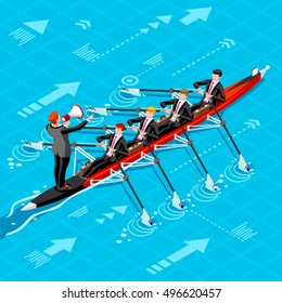 Canoe Rowing Teamwork Wins. Businesspeople win career concept infographic vector design 3D character ambitious men. Man ambition isometric people. Vector people career Isometric Business group winning