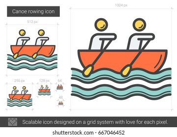 Canoe rowing vector line icon isolated on white background. Canoe rowing line icon for infographic, website or app. Scalable icon designed on a grid system.