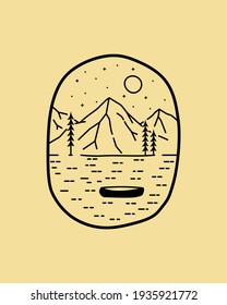canoe in the sea with mountain background in mono line art, t-shirt design, tee design