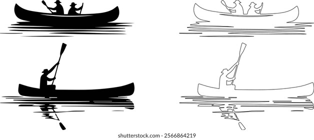 Canoe Silhouette and Line Art Vector Illustration Design – Perfect for Adventure, Outdoor, and Nature-Themed Projects.