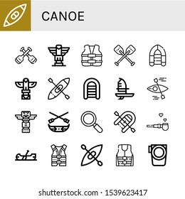 canoe simple icons set. Contains such icons as Kayak, Paddles, Totem, Life vest, Oars, Inflatable boat, Windsurf, Canoe, Active, Pipe of peace, can be used for web, mobile and logo