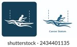 Canoe slalom icons on dark and white background. Emblem of Athlete in kayak paddling and navigating through waves and passing between vertical lines that symbolize slalom gates. Vector illustration.