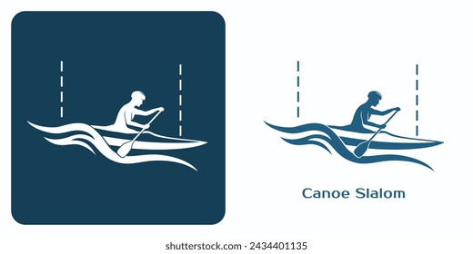 Canoe slalom icons on dark and white background. Emblem of Athlete in kayak paddling and navigating through waves and passing between vertical lines that symbolize slalom gates. Vector illustration.