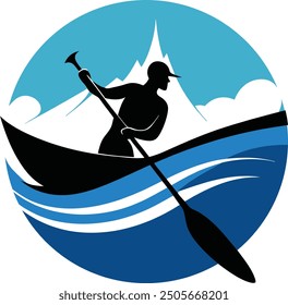 Canoe slalom icons vector. Emblem of athlete in kayak paddling and navigating through waves and slalom gates.