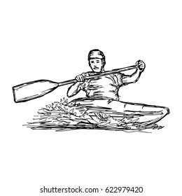 CANOE SLALOM player - vector illustration sketch hand drawn with black lines, isolated on white background