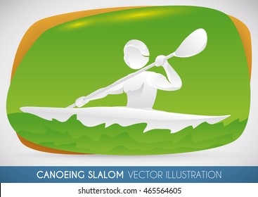 Canoe slalom racer doing his best effort to go fastest through downstream on river rapids.