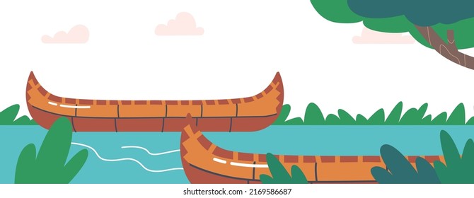 Canoe Small Rowing Boats in River, Tribal Native Indian Americans Water Transportation. Background with Indian Canoe at Summertime Backdrop with Trees and Clouds in Sky. Cartoon Vector Illustration