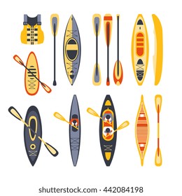 Canoe Sport Equipment Set Flat Simplified Cartoon Style Bright Color Vector Illustration On White Background