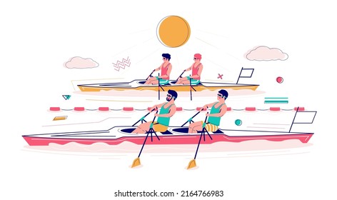 Canoe sport rowing race sprint flat vector. Sea games competition. Canoeist athlete player championship, extreme challenge