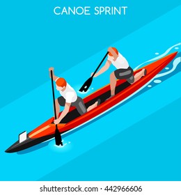 Canoe Sprint Doubles Sportsman Games Icon Set. 3D Isometric Canoeist Paddler. Sprint Canoe Sporting Competition Race. Sport Infographic Canoe events Vector People