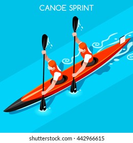 Canoe Sprint Doubles Sportsman Games Icon Set. 3D Isometric Canoeist Paddler. Sprint Canoe Sporting Competition Race. Sport Infographic Canoe events Vector People