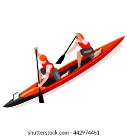 Canoe Sprint Doubles Sportsman Games Icon Set. 3D Isometric Canoeist Paddler. Sprint Canoe Sporting Competition Race. Sport Infographic Canoe events Vector Illustration.
