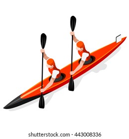 Canoe Sprint Doubles Sportsman Games Icon Set. 3D Isometric Canoeist Paddler. Sprint Canoe Sporting Competition Race. Sport Infographic Canoe events Vector Illustration