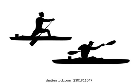 Canoe sprint kayaker silhouettes. Vector clipart. Isolated on white. 