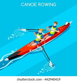 Canoe Sprint Rowing Coxless Pair Sportsman Games Icon Set. 3D Isometric Canoeist Paddler. Rowing Canoe Coxless Pair Sporting Competition Race. Sport Infographic Canoe Rowing events Vector People