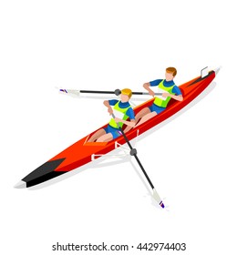 Canoe Sprint Rowing Coxless Pair Sportsman Games Icon Set. 3D Isometric Canoeist Paddler. Rowing Canoe Coxless Pair Sporting Competition Race. Sport Infographic Canoe Rowing events Vector Image