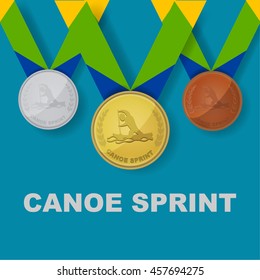 Canoe sprint sport icon on medal award set with Brazilian color theme designed of ribbon in vector illustration 