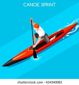 Canoe Sprint Sportsman Games Icon Set. 3D Isometric Canoeist Paddler. Sprint Canoe Sporting Competition Race. Sports Recreation Infographic Canoe events Vector people Illustration.