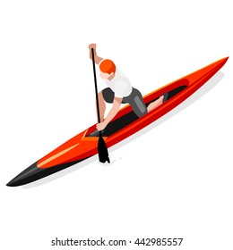 Canoe Sprint Sportsman Games Icon Set. 3D Isometric Canoeist Paddler. Sprint Canoe Sporting Competition Race. Sports Recreation Infographic Canoe events Vector Illustration.