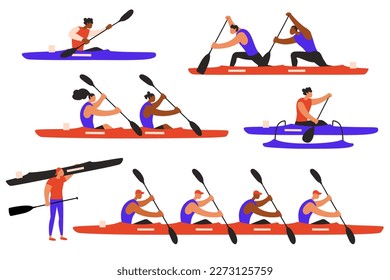 Canoe sprint sportsmen set. Atheletes paddling racing canoe, kayak, paracanoe va'a kayak . Vector flat illustration. EPS10