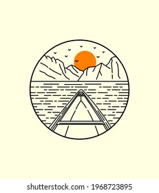 Canoe and sunset line badge patch pin graphic illustration vector art t-shirt design