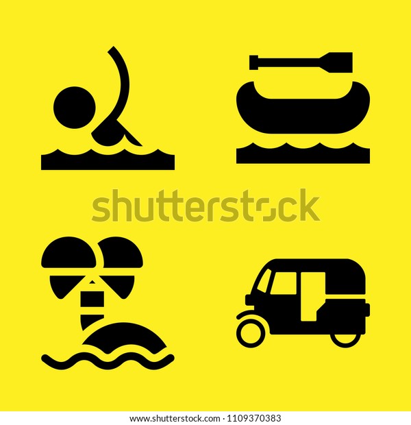 canoe, swimming, island and tuk\
tuk vector icon set. Sample icons set for web and graphic\
design