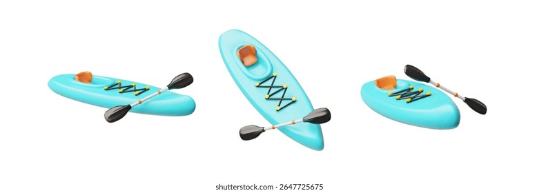 Canoe, tourist boat with paddle and seat, view from different angles 3D cartoon vector set. Realistic kayak with oar for active sport on water. Rafting sports equipment for floating on river or lake