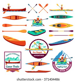 Canoe trails and rafting club emblem with kayaking equipment elements flat icons composition abstract isolated vector illustration 
