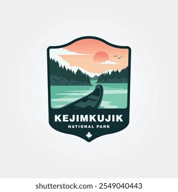 canoa com vista do parque nacional kejimkujik vetor logotipo viagem patch ilustração design