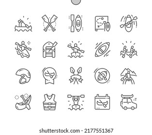 Canoeing. Active rest. Extreme water sports. Kayaking equipment, safety tools, boats and oars. Pixel Perfect Vector Thin Line Icons. Simple Minimal Pictogram