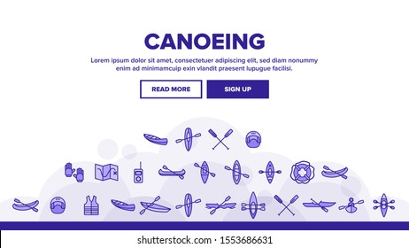 Canoeing, Active Rest Landing Web Page Header Banner Template Vector. Canoeing, Extreme Water Sports, Outdoor Activities. Kayaking Equipment, Map, Safety Tools, Boats and Oars Illustration