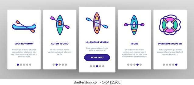 Canoeing, Active Rest Vector Onboarding Mobile App Page Screen. Canoeing, Extreme Water Sports, Outdoor Activities. Kayaking Equipment, Map, Safety Tools, Boats and Oars Illustrations